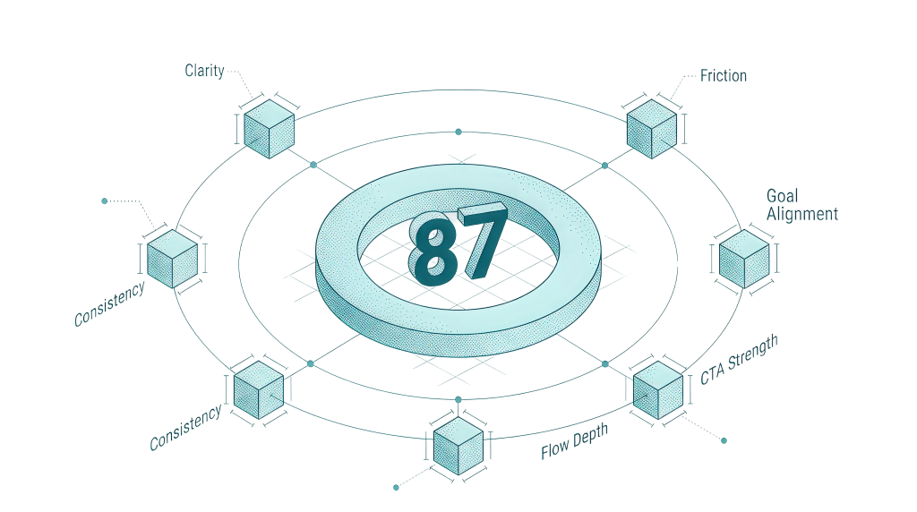 UX Score visualization showing 87 with metrics like Clarity, Friction, Consistency, Goal Alignment, CTA Strength, and Flow Depth